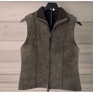 EXPRESS Women Brown Shell 100% Leather Sherpa Lined Vest Zip Front Size Small